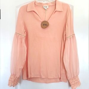BiBi Peach Blouse with Lace Sleeves